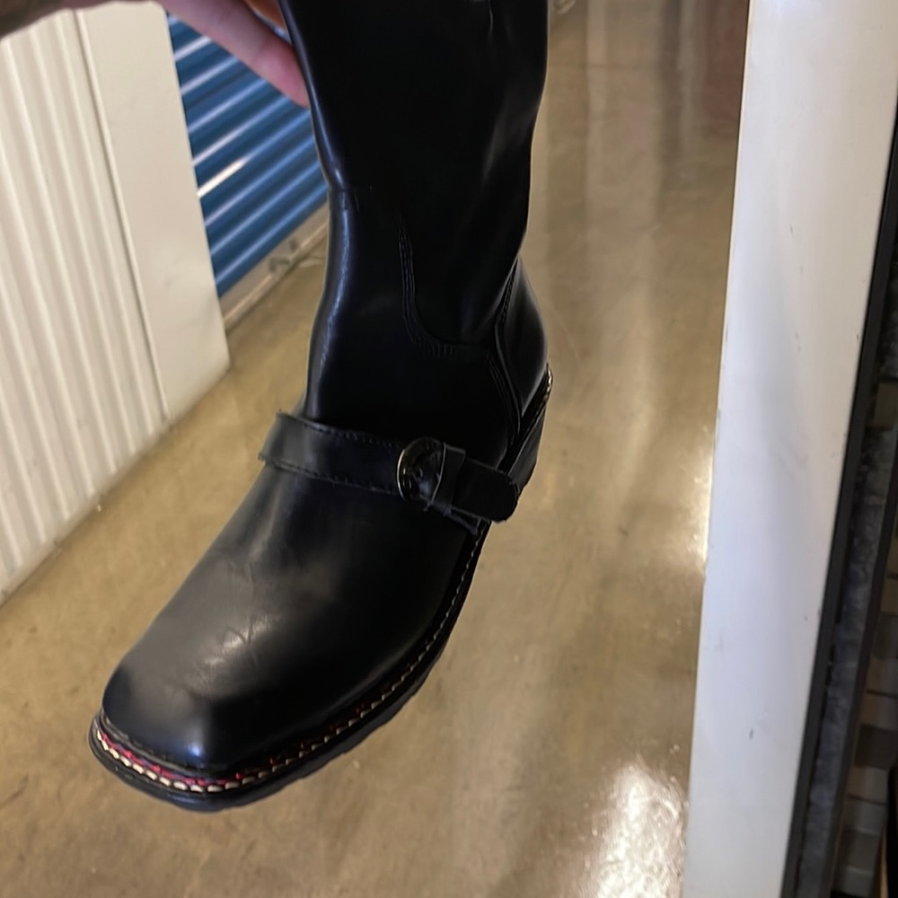 Size 9 square toed, Way Out by Pollini Italian leather biker boots, lug heels
